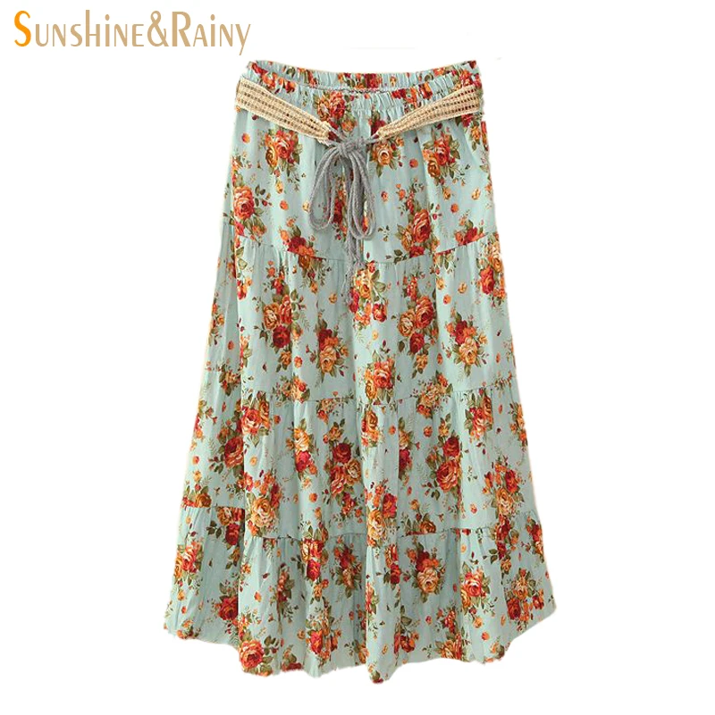 new brand summer flower pleated skirts women retro high waist long