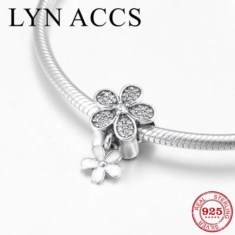 

Real 925 Sterling Silver sparkling clear CZ white enamel flower Beads Pendant Fit Original Pandora Bracelet Charm Jewelry making