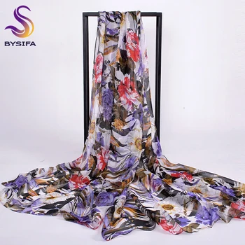 

BYSIFA New Daisy Chiffon Silk Scarf Shawl For Spring Autumn 2016 Winter New Ladies Mulberry Silk Purple Scarves Wraps 200*110cm