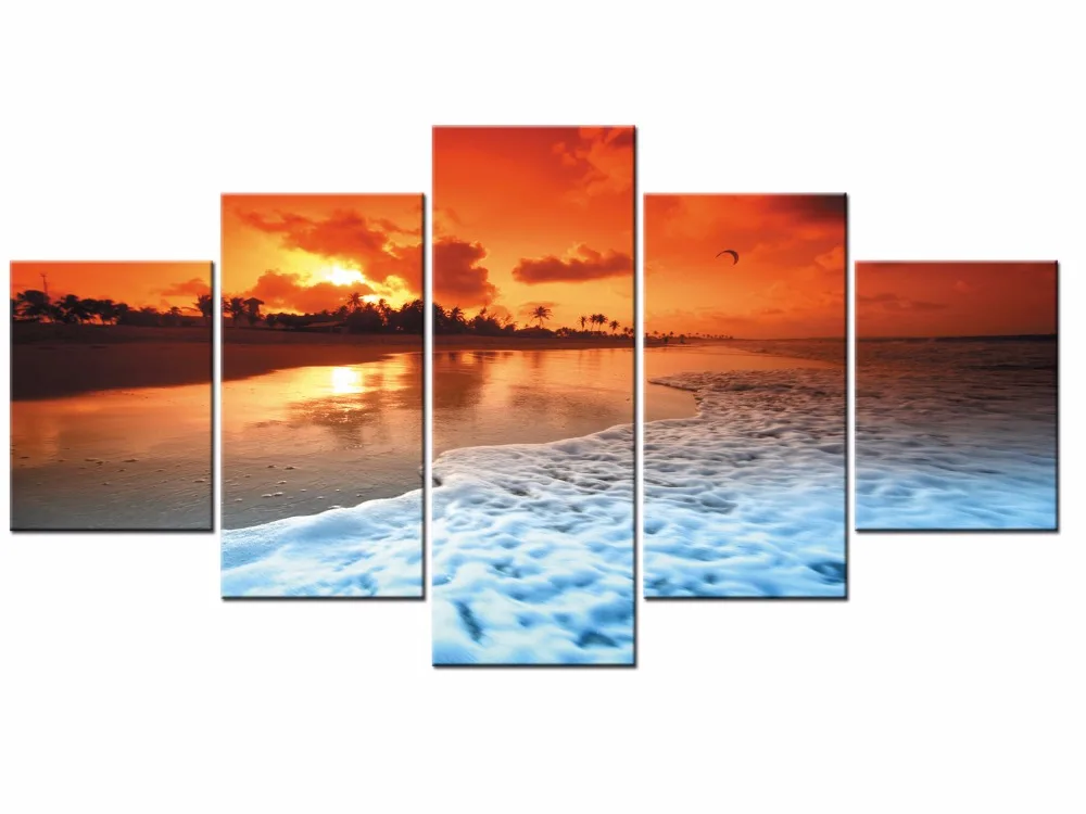 

5 Pieces Sunset Tropical Beach Ocean Sea Waves Art Silk Poster Print Skyline Landscape Wall Pictures Room Decor Framed J009-065