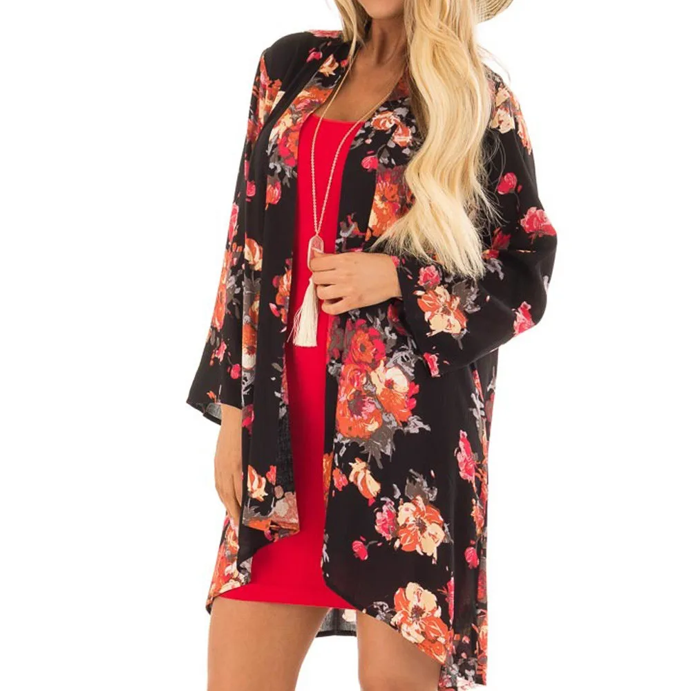 

FEITONG Women Summer Plus Size Beach Floral Chiffon Kimono Cardigans Cover Ups