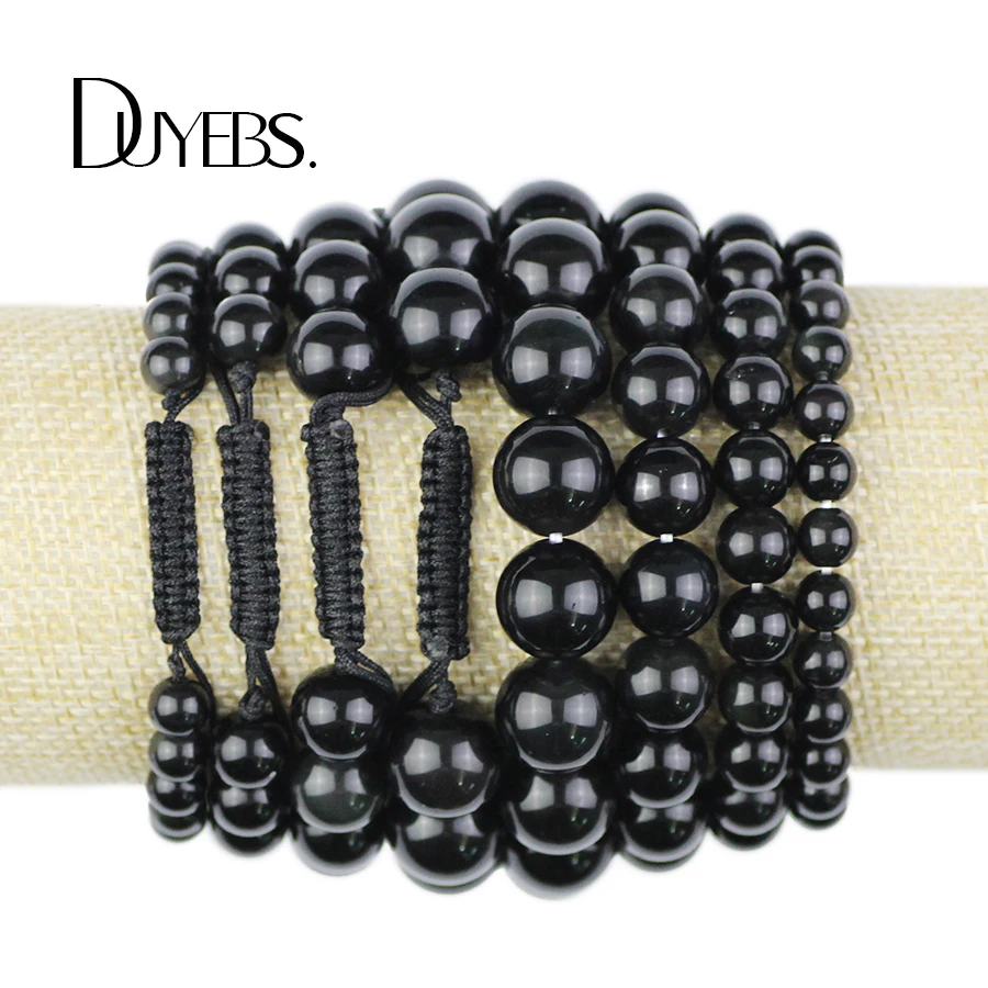 

DUYEBS Natural Stone Charms Mens Bracelet 6/8/10/12MM Obsidian Beads Braided/Elastic Rope Women Bangle Fashion jewelry Dropship