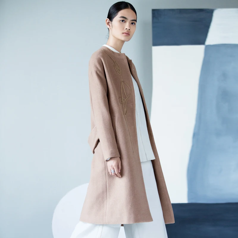 Amii Redefine Woolen Coat Winter Women 2018 Embroidery Paisley O-neck Single Breasted Loose Casual Long Wool Blends Jacket Coat