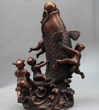 

China Bronze Copper Feng Shui Mascot Child Boy Play Fish Carp Statue Sculpture