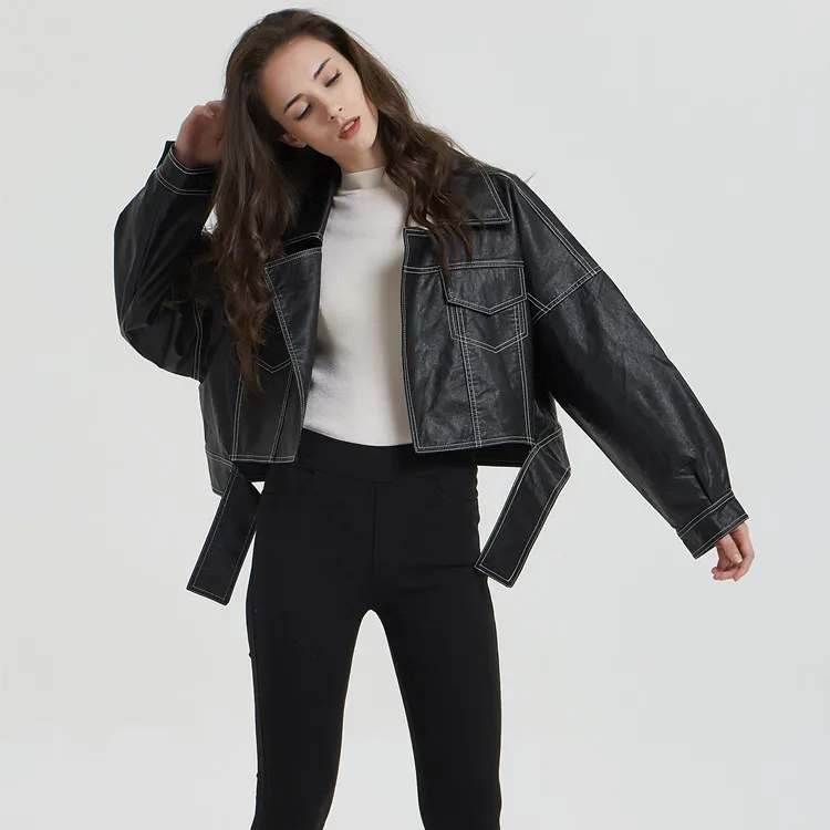 

2019. Spring and Autumn Female Leather Garment Turn-lapel Bf Loose Edition Street Trendy Open Line Locomotive Jacket Short Coat
