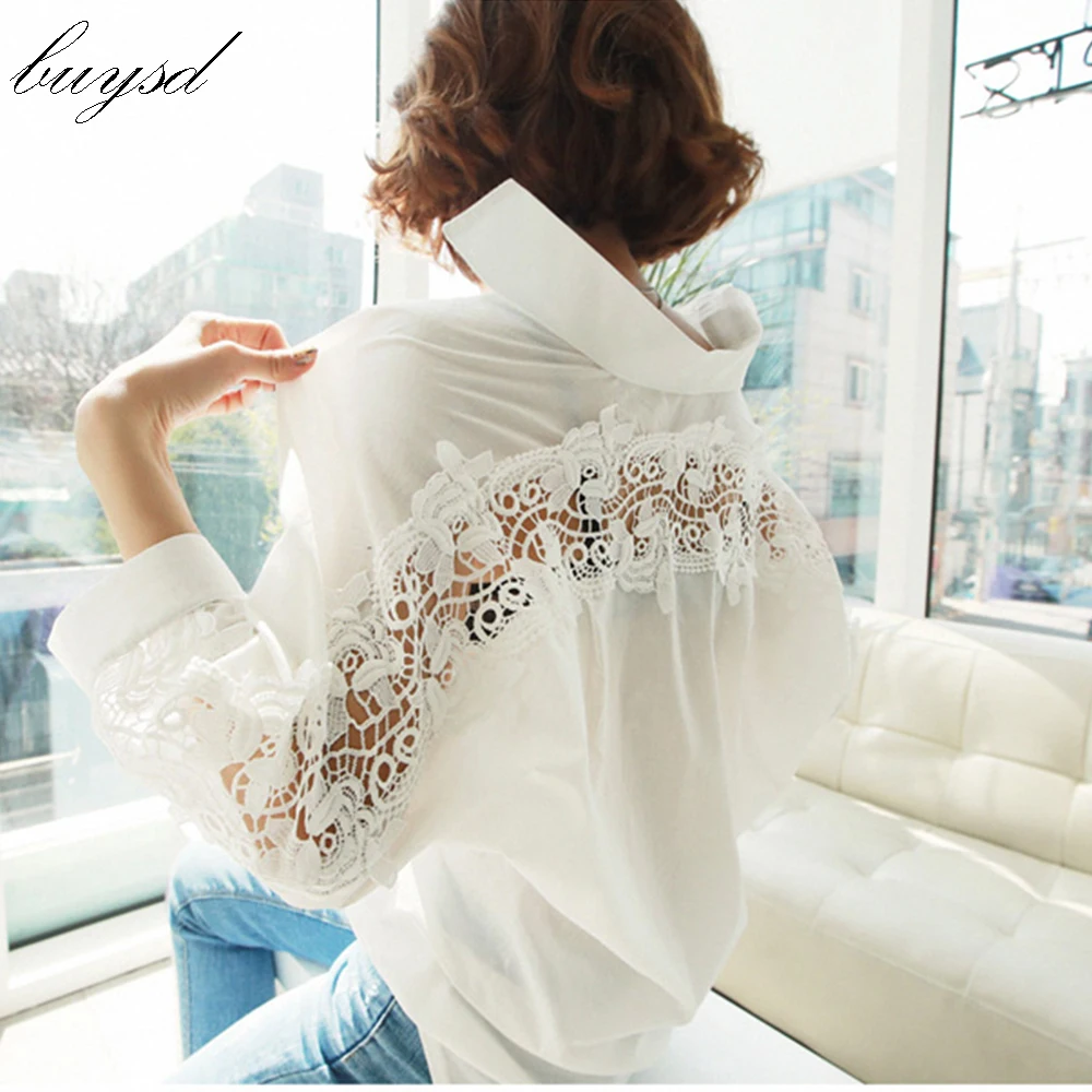 

BUYSD fashion women tops Summer 2019 backless sexy Hollow Out Lace Blouse Shirt Ladies casual Loose White office blouse women