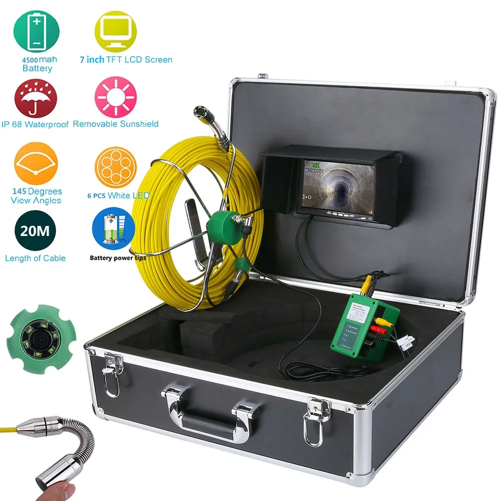 US $289.38 50M 40M 30M 20M Drain Pipe Sewer Inspection Video Camera 7 LCD Display 1000TVL  LEDs Night Vision Borescope HD Video Camera