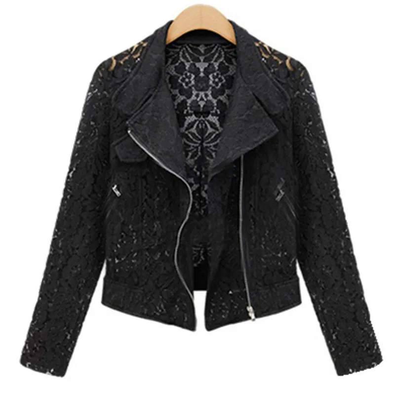 Neophil 2018 Autumn Winter Fashion Long Sleeve Zipper Hollow Out Lace Biker Black Short Jackets Ladies Office Work Wears C08015