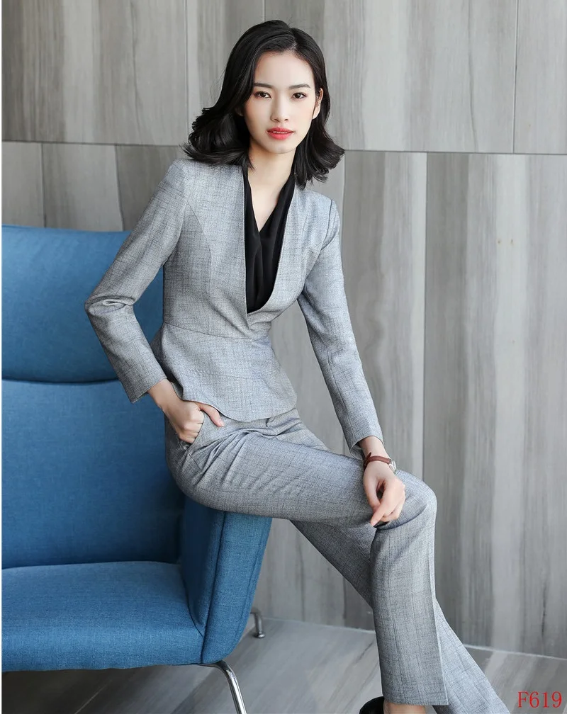 High Quality Fashion Women Pant Suits Grey Blazer and