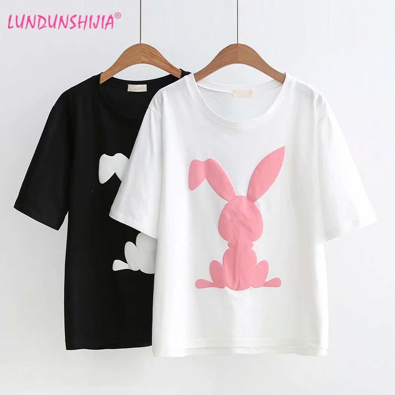 

LUNDUNSHIJIA New Women Harajuku T-shirts Rabbit Printed Kawaii Funny Cotton T Shirt Summer O-neck Sweet Tee Shirt Drop Ship Tops