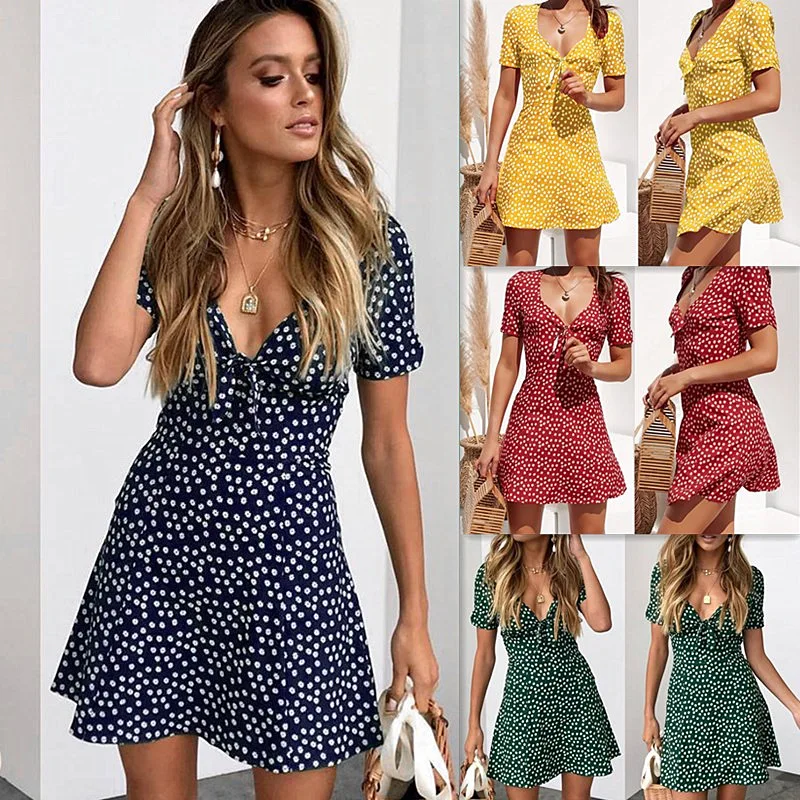 

Dress Women Summer Mini Ladies Short Sleeve Bow Bodycon Beach Party Dot Sundress Vestidos De Verao Classic Trend Floral Vogue