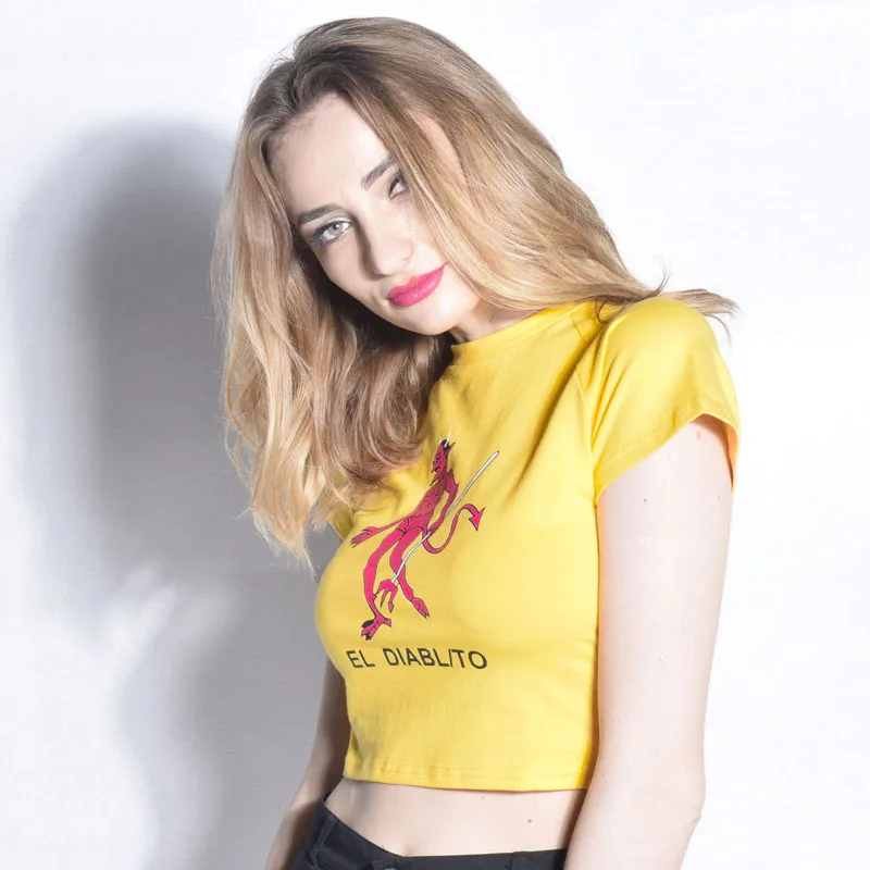  EL DIABLITO Letter Print Yellow T Shirt Crop Top Women Short Sleeve Casual Cropped Shirt 2018 Summer Harajuku Devil Tees