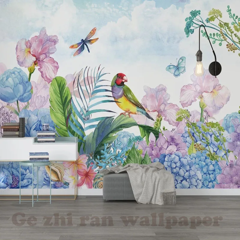 

Custom Photo Mural Wallpaper Hand painted small fresh flowers butterfly livingroom bedroom TV sofa backdrop WallPaper Home Decor