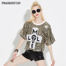 Леди сезон: весна–лето с О-образным вырезом, футболка с короткими рукавами Новая мода с вышивкой с надписями Топ с блестками Женский Повседневный свободный Высокое качество футболка Q471