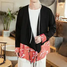 Новая китайская Стиль кран Волна печати Повседневное кардиган пальто Для мужчин пояс куртки Harajuku верхняя одежда с длинными рукавами QT2014-SY01