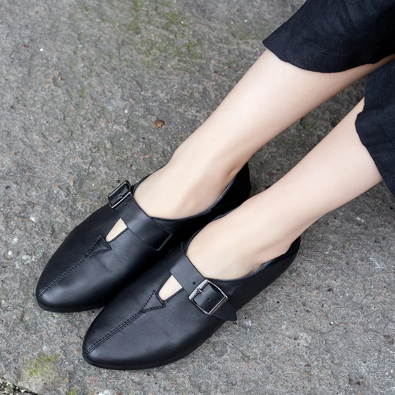 

Genuine leather casual shoes 2019 spring summer women flat shoes belt buckles low heel women pointed toe shoes