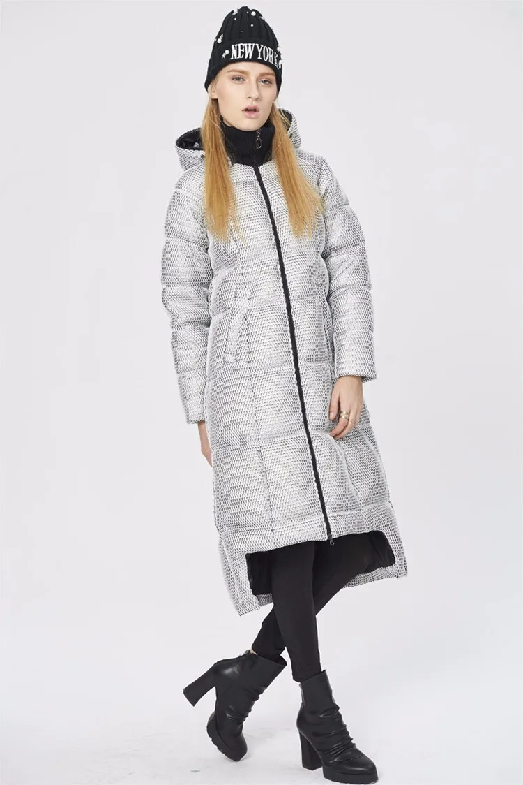 Высокое качество, зима, Европейская мода, Стильное женское длинное пуховое пальто, женская Асимметричная Длина, 90% белый утиный пух, сетчатая парка
