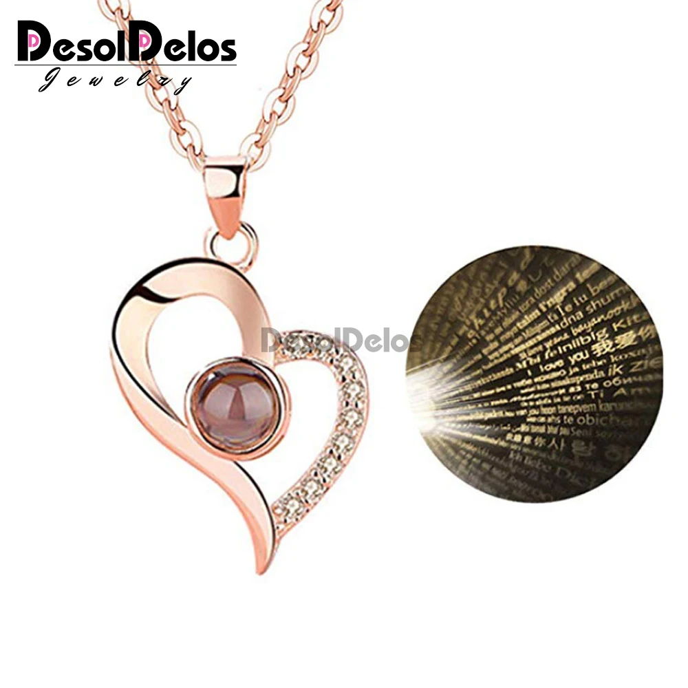 

2019 New 100 Languages I Love You Projection Charm Pendant Necklaces Heart-shaped Crystal Wedding Ladies Necklace Gifts