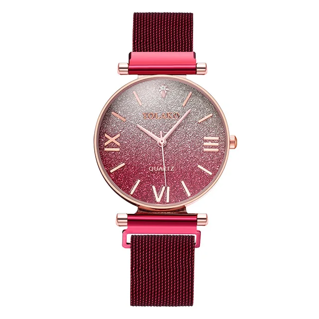 Роскошные женские часы-браслет, часы из розового золота, женские модные магнитные наручные часы звездного неба, кварцевые часы, женские часы reloj mujer - Цвет: Красный