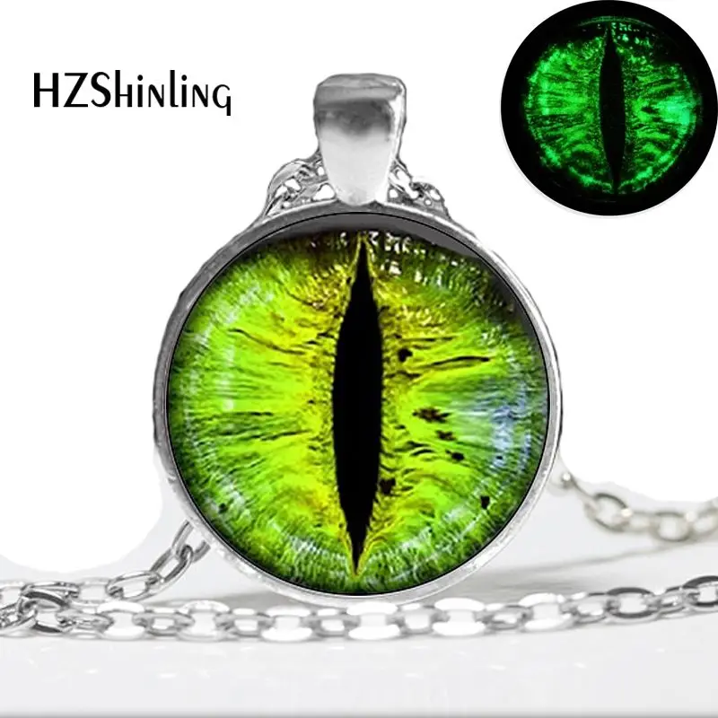 

Glow in the Dark Pendant green eye necklace Dragon eye Necklace art photo glass cabochon necklace pendant Glowing jewelry