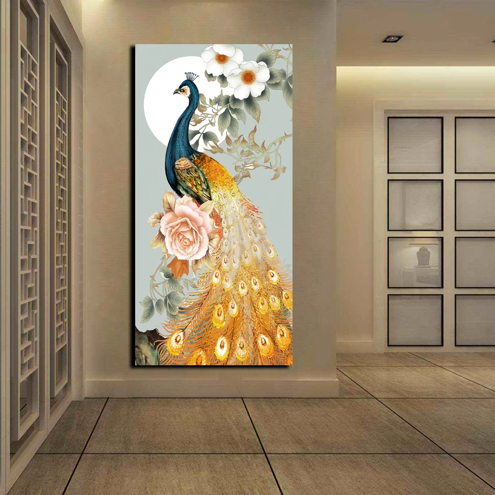 

Abstract HD Print Chinese Golden Peacock Flower Oil Printing Modern Decor Wall Art Pictures Set Large Peahen Posters and Prints