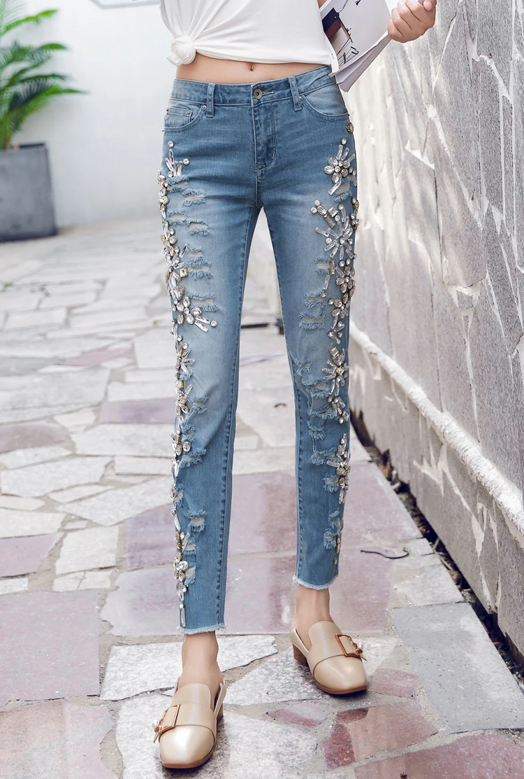 Роскошные джинсы с бриллиантами, украшенные бисером, узкие брюки, женские синие джинсы-карандаш, винтажные повседневные брюки, женские джинсы