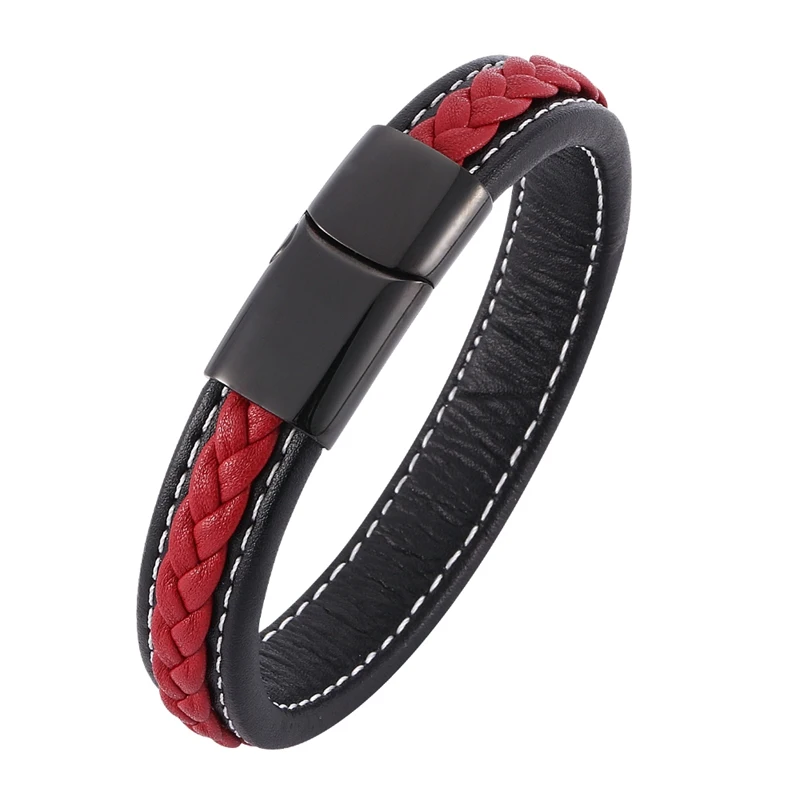 

Trendy Mens Bracelets Jewelry Black Red Braided Leather Bracelet Stainlees Steel Men Bracelet Jewellery Bangles Male Gift SP0008