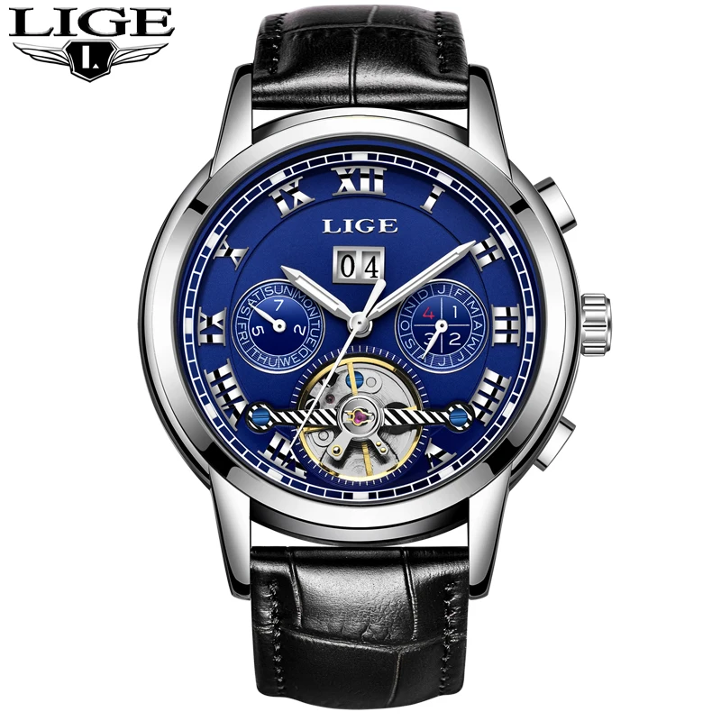 Lige watchbrand Для мужчин часы автоматические механические Наручные кожаный ремешок