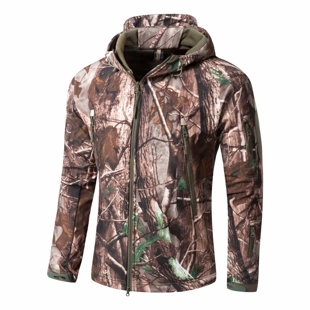 

Men Bionic Camouflage Hunting Jacket Water-repellant Hooded Softshell with Fleece Outdoor Tactical lHiking Jacket Hunting Jacket