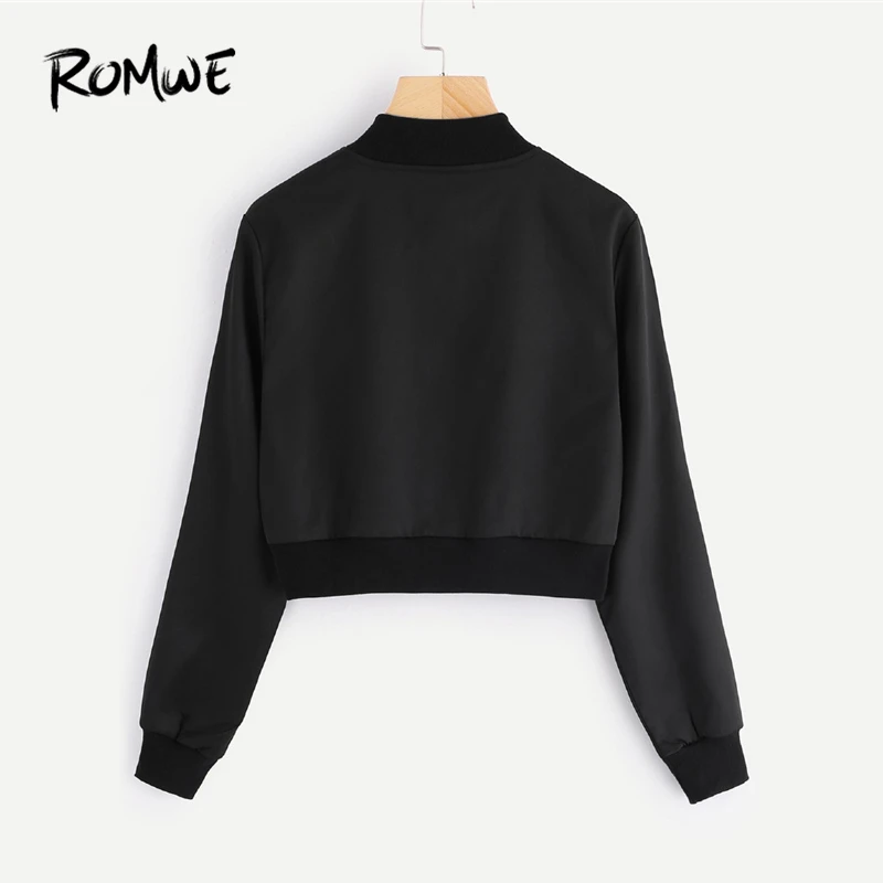 remarkable  ROMWE Black Solid Zip Up Front Bomber Jacket Autumn Women Casual Stand Collar Clothing New Design L