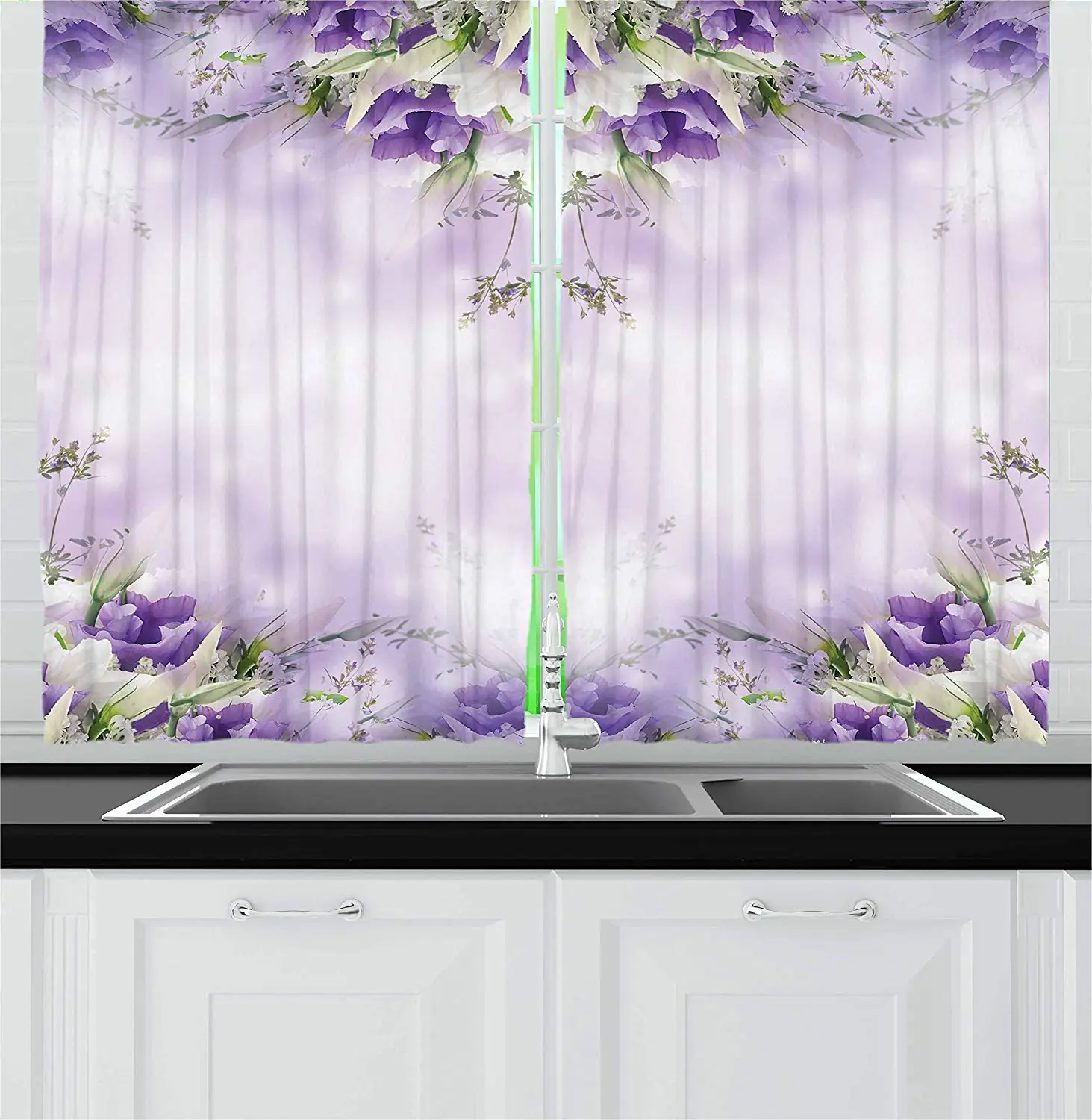 

Floral Kitchen Curtains Composition of Blossoming Flowers with Green Spring Leaves Romantic Nature Window Decor Panel Set