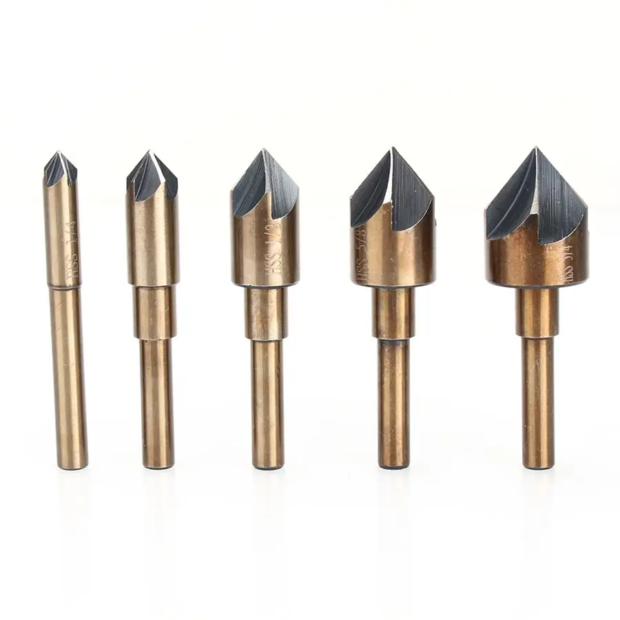 5Pcs/Set Industrial Countersink Drill Bit Set 5 Flute 82 degree Angle