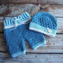 Новорожденный фото реквизит-ручная работа вязание крючком детская синяя шапка и брюки детские комплекты для малышей NB-3MONTH