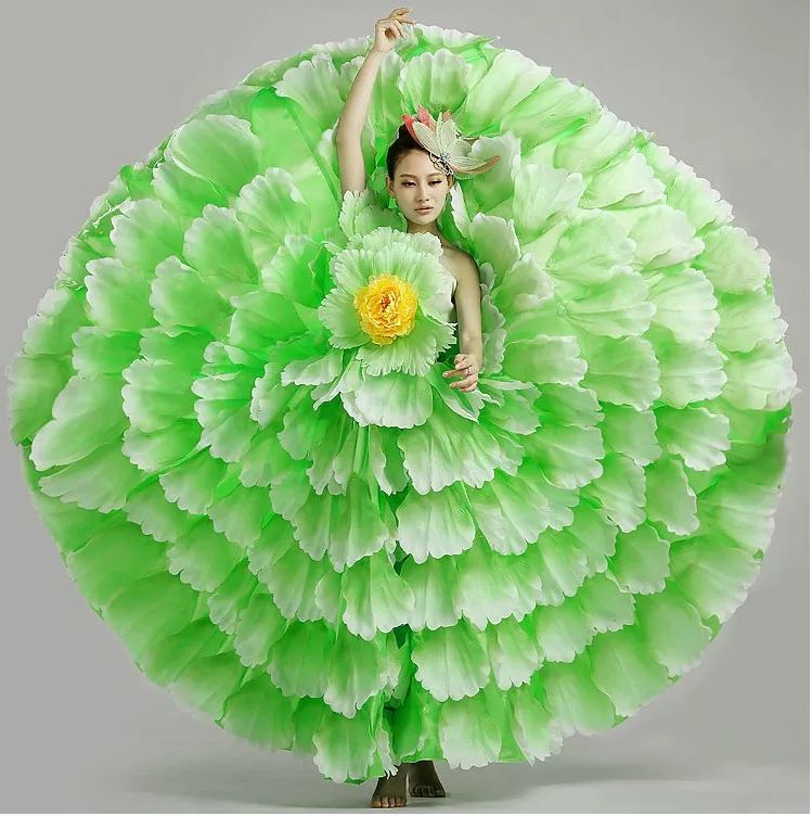 spain dancer green big swing handmade flower female costume banquet group dance modern dance stage performance clothes