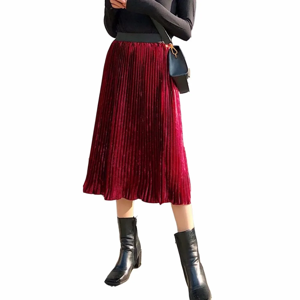 Autumn Winter Fashion Retro Red Velvet Midi Skirt Women Elastic High