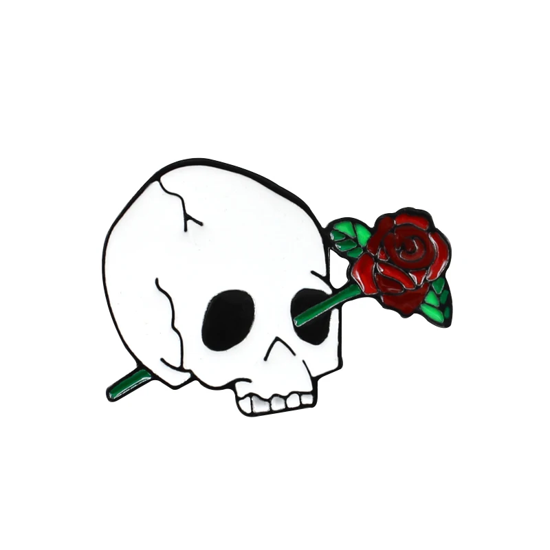 Готический Белый Череп Роза брошь с дизайном «скелет» ребра цветок смерти Любовь Эмаль Булавка кожаный значок пара Хэллоуин Ювелирные изделия Подарки - Окраска металла: skull