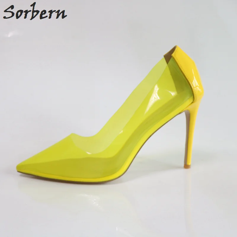 

Sorbern Yellow See Through Pvc Women Pump High Heel Shoes Stilettos Ladies Party Shoe Birthday Heels Custom Colors Heels Size 13