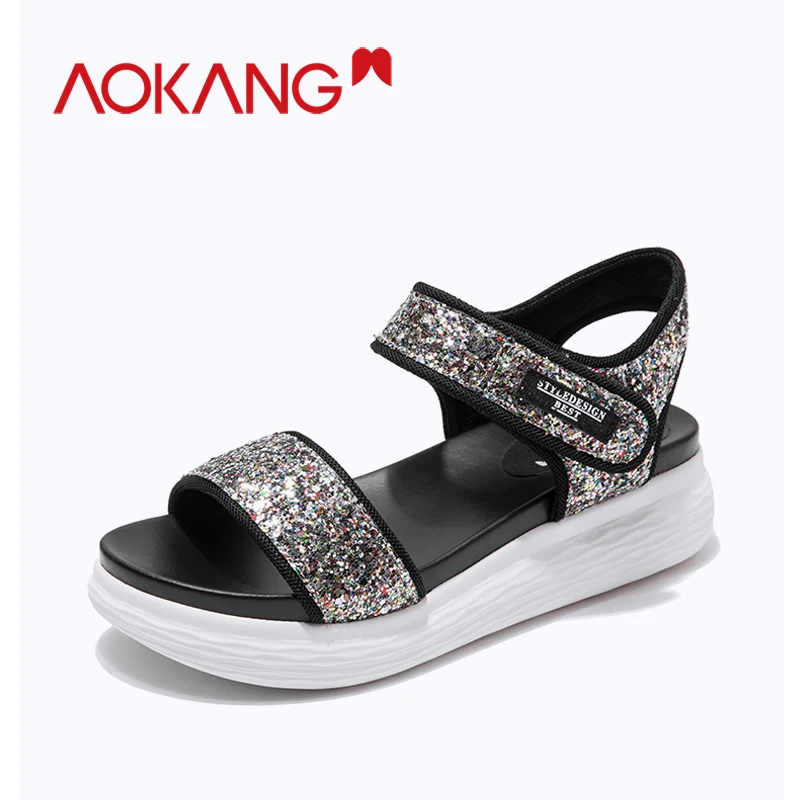 

AOKANG Summer Women's Sandals Glitter open toes Fashion high Heel Platform wedges hook loop Women Sandals Shoes woman
