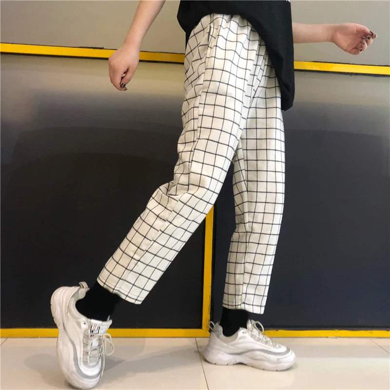 

Korean Streetwear Vintage Plaid Slim Ankle-Length Harem Pant Summer Women/Men Harajuku Jogger Japanese Trouser High Waist Linen