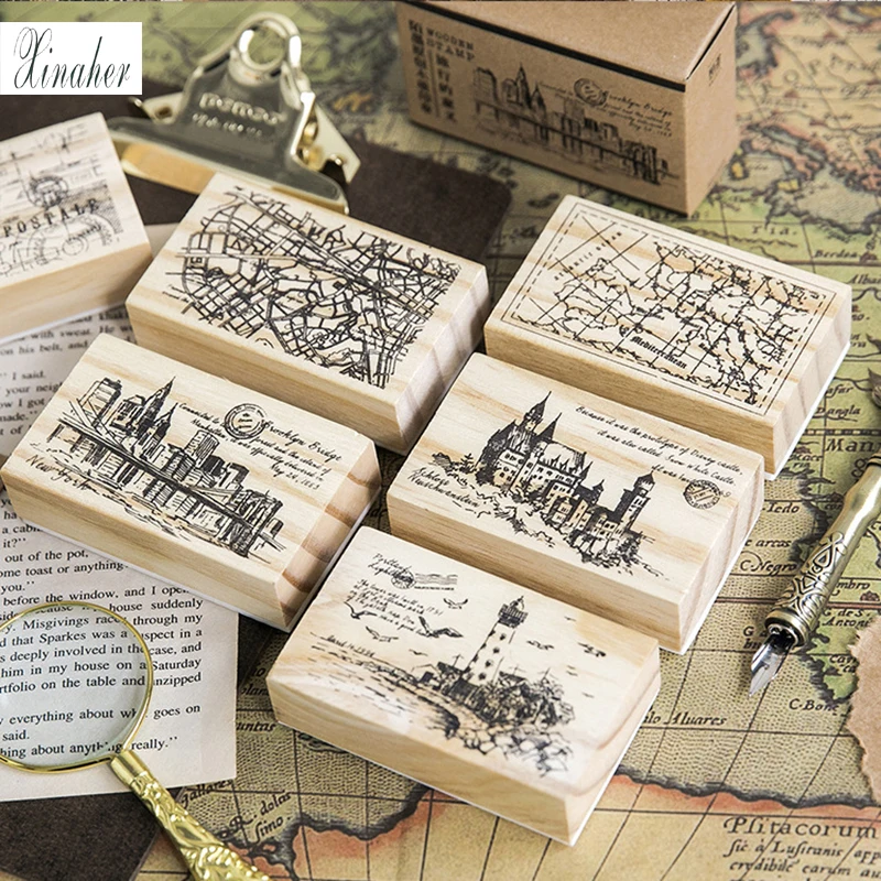 XINAHER Vintage city map wood stamp DIY wooden rubber stamps for