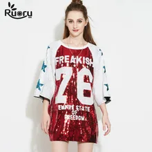 Ruoru, принт со звездами и буквами, женская футболка, расшитая блестками, свободная длинная футболка, женская, плюс размер, рукав-колокол, женские топы, футболка