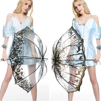 

Fashion Rose Beautiful Transparent Umbrella Travel Japan Women's Folding Umbrellas Rain Women Clear Lace Rain Gear