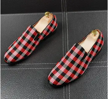

New Vintage Floral plaid Men Dress Shoes British Style Suede Leather Men Loafers Party Casual Shoes Slip On Size 38-44 BM601