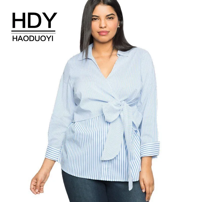 

HDY Haoduoyi Plus Size Wrap Front Stripe Button Down Top Blouse 3XL 4XL 5XL 6XL 7XL Long Sleeve New Arrival Autumn Spring Shirt