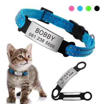 

Quick Release Cat Collar with Tag Reflective Personalized Kitten Collars Puppy Cats Products for Pet Blue Black
