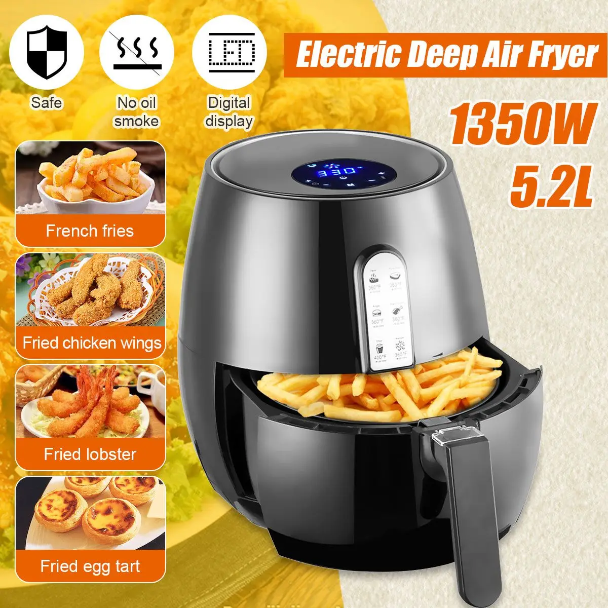 

1350W 5.2L Health Fryer Cooker Smart Touch LCD Airfryer Pizza Oil free Air Fryer Multi function Smart Fryer for French fries