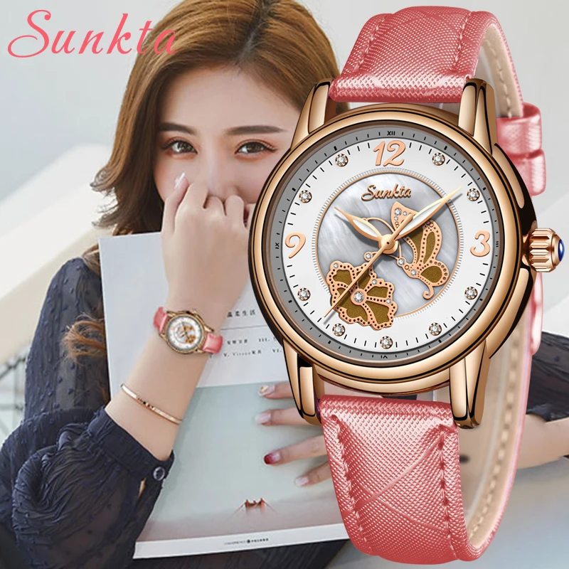 

SUNKTA New Top Luxury Brand Women Watches Leisure fashion Leather Quartz Ladies Diamond Dress watch Female gift Relogio Feminino