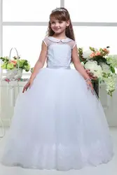 Новое поступление 2017 Белый бальное платье для девочек в цветочек платья шапки рукава кружево до Свадебные праздничные платья ленты