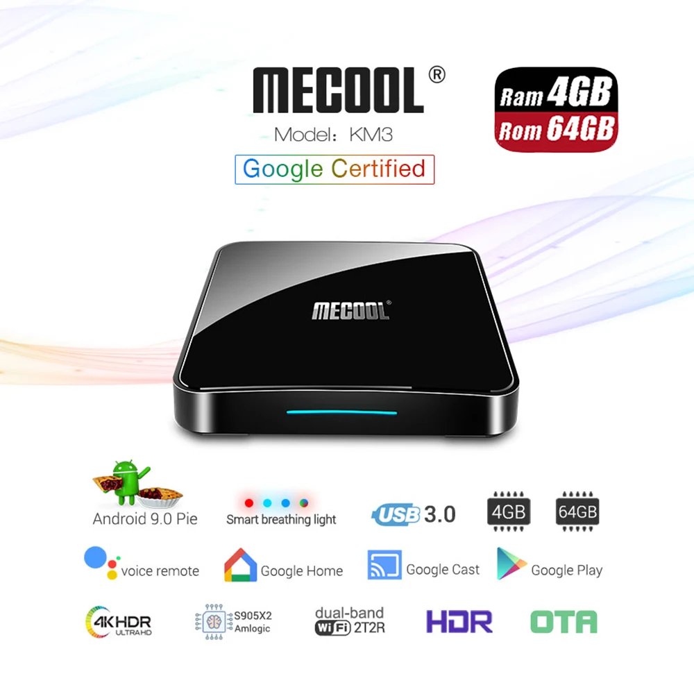 

Google Certified TV Box Mecool KM3 ATV Android 9.0 4G/64G Amlogic S905X2 Voice Control 2.4/5G Wifi Streaming 4K Media Player