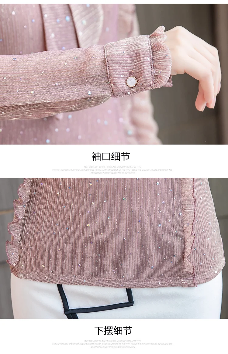 Dingaozlz Корейская Новая женская блузка с галстуком-бабочкой, Повседневная рубашка с длинными рукавами, тонкие топы с оборками, модная шифоновая рубашка